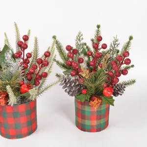 Christmas desktop decorative potted plant artificial pine branches glitter berries ornament