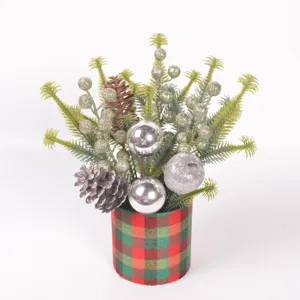 Christmas artificial pine branch desktop potted plant with berries and silver balls for home decor