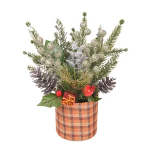 Christmas artificial pine branch potted plant with glitter berries and plaid pot for home decor
