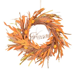 Autumn artificial plant wreath with Home sign, rustic front door hanging for Thanksgiving decor