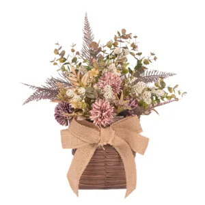 Artificial flower arrangement in a woven basket, vintage floral bouquet for home and weddings.