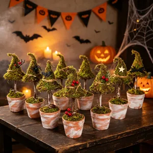 Pianta in Vaso di Muschio con Cappello da Streghetta di Halloween Ornamentale da Scrivania Retro Festivo Verde Artificiale Decorazione per la Casa Accessorio per Festa di Halloween