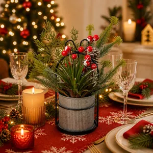 Christmas desktop decoration artificial succulent potted plant with iron bucket and red berries.
