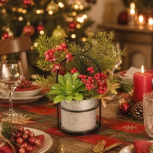 Iron Bucket Artificial Succulent Red Fruit Potted Plant With Bow Christmas Desktop Decoration Festive Floral Ornament