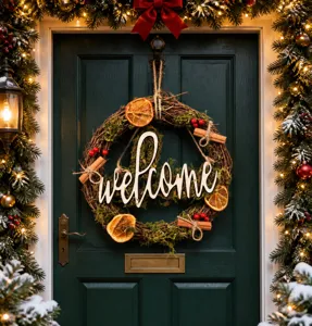 Detail view of Christmas twig wreath with dried oranges, moss, and wooden welcome sign.