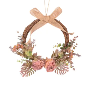 Autumn Vintage Artificial Flower Wreath with Burlap Bow Door Hanging Home Wall Decor