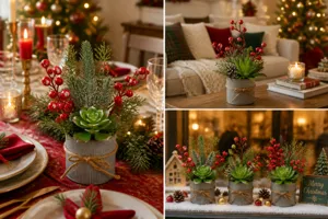 Christmas artificial succulent potted plant with metal bucket and red berries decor.