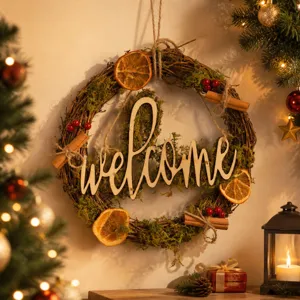 Christmas rustic wooden letter rattan wreath with dried orange slices moss door hanging decor.