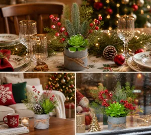 Christmas artificial succulent potted plant with red berries in metal bucket tabletop decor.