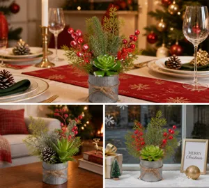 Christmas desktop succulent red berry potted plant in tin bucket, holiday home decor detail.