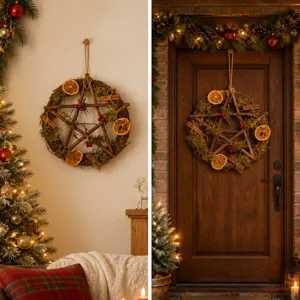Rustic Christmas wooden star wreath with dried orange slices and moss for holiday door decor.