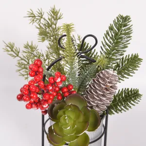 Artificial succulent red berry potted plant with iron bow Christmas tabletop decoration detail