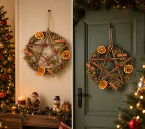 Rustic Christmas Holiday Twig Star Wreath with Dried Orange Slices and Moss Door Decor