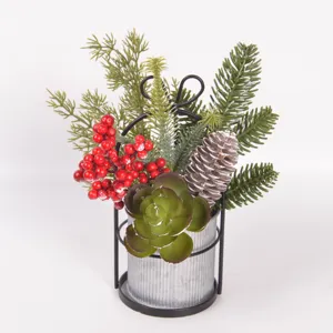 Christmas artificial succulent red berry pinecone metal bucket potted desktop decoration