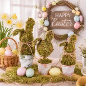 Easter Moss Rabbit Figurine Aged Flower Pot Pastoral Style Home Desktop Festival Decorative Craft Ornament
