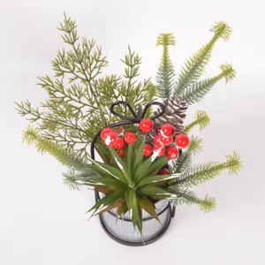 Christmas artificial succulent potted plant with iron bucket and red berries for desktop decor