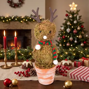 Christmas moss reindeer snowman potted plant decor, vintage retro pot for holiday table.