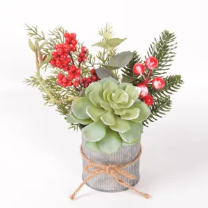 Artificial succulent potted plant with red berries and pine branches for home decor.