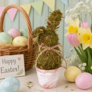 Easter moss rabbit figurine detail scene with distressed flower pot and pastoral tabletop decor.