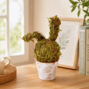 Easter moss rabbit figurine in distressed terracotta pot for charming home tabletop decor