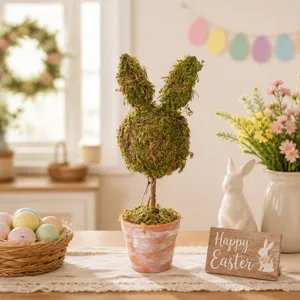 Easter moss bunny topiary in distressed terracotta pot for tabletop spring home decor.