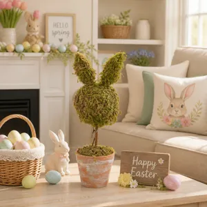 Easter moss rabbit ornament tabletop decoration pastoral style distressed pot holiday decor