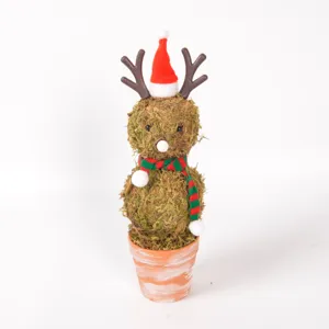 Christmas Moss Reindeer Potted Ornament Desktop Holiday Decor Vintage Flowerpot Figurine