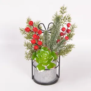 Artificial succulent and red berry potted plant with iron bow holder, perfect for Christmas table decor.