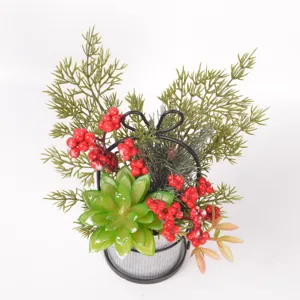 Artificial succulent red berry potted plant with iron bow bucket for holiday home desktop decor.