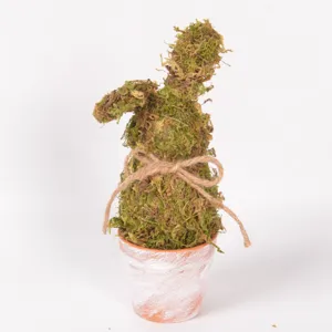 Detail view of the Easter moss rabbit ornament in a rustic terracotta pot with twine bow.