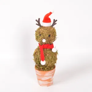 Christmas moss reindeer snowman potted ornament detail view, cute holiday desktop decor.