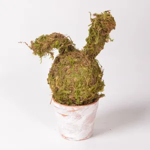 Easter moss rabbit figurine with rustic weathered terracotta pot for desktop home decor.
