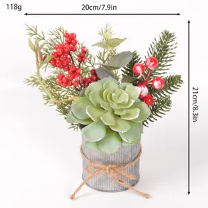 Artificial succulent red berry potted plant with iron bucket for Christmas desktop decor.