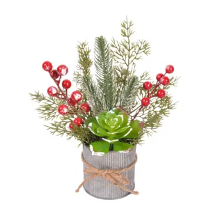 Christmas artificial succulent potted plant with red berries pine branches and metal bucket.