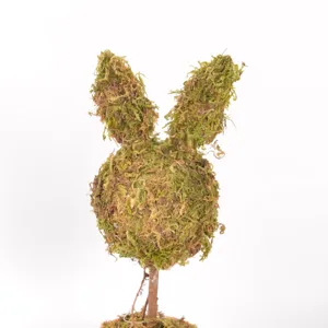 Easter moss rabbit ornament detail view showing the cute animal topiary and rustic pot.