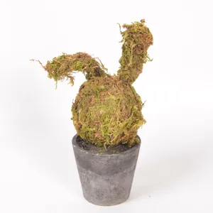 Easter moss rabbit figurine detail, vintage grey pot, pastoral style desktop decor.
