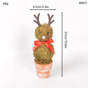 Christmas moss reindeer potted ornament, vintage desktop decor, cute holiday plant gift.