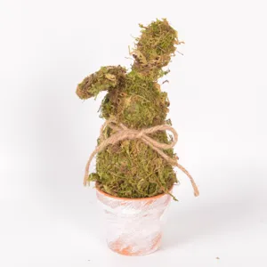 Easter moss rabbit figurine in distressed flower pot pastoral style desktop holiday decor.