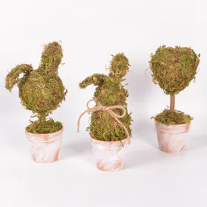 Easter moss rabbit and heart potted plant set pastoral style home decor ornament 3pcs