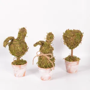 Easter moss rabbit and heart tabletop decor set in rustic terracotta pots for spring home display