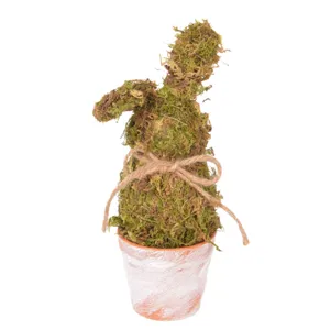 Easter moss rabbit figurine in weathered pot, pastoral desktop decoration home craft ornament