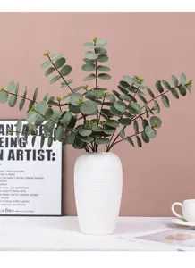 Artificial eucalyptus branch green plant bouquet with white vase for home desk decor
