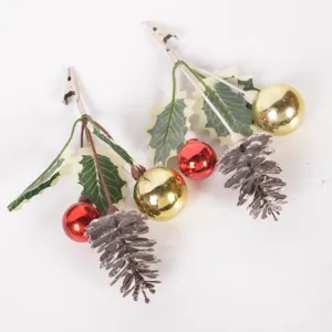Christmas decoration clips with pine cones, gold red baubles and holly leaves for tree DIY crafts.