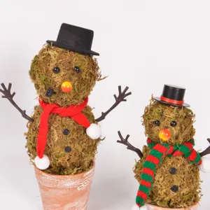 Handmade moss snowman potted figurine, featuring cute mini top hat and scarf for Christmas decor.