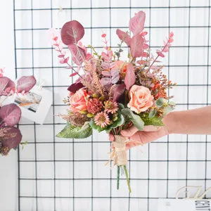 Artificial autumn flower bouquet retro fake roses eucalyptus leaves for home wedding decor