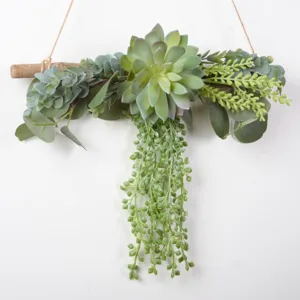 Planta suculenta artificial colgante de pared madera decoración sala de estar hogar