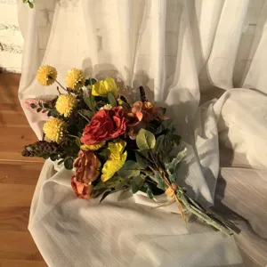 Vintage artificial flower bundle autumn colors bouquet for home wedding photography decor.