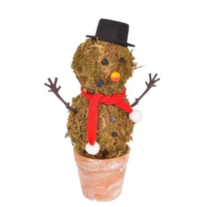Handmade moss snowman potted plant ornament, Christmas desktop decoration for holiday home decor.