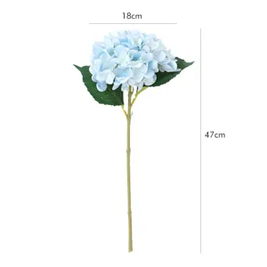 Detailed view of the artificial blue hydrangea flower branch with clear size markings.