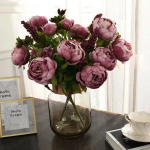 European artificial peony flower bouquet 13 heads silk floral home decor table centerpiece.
